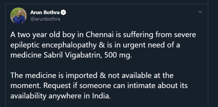 Aru Bothra tweets on the need of medicines