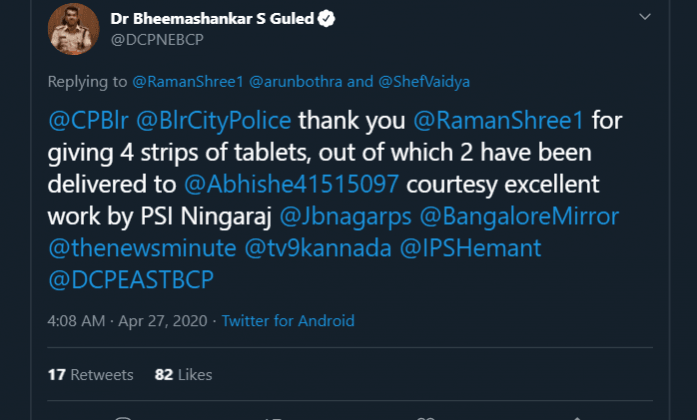 Bengaluru NE DCP tweets on delivery of medicines Twitter