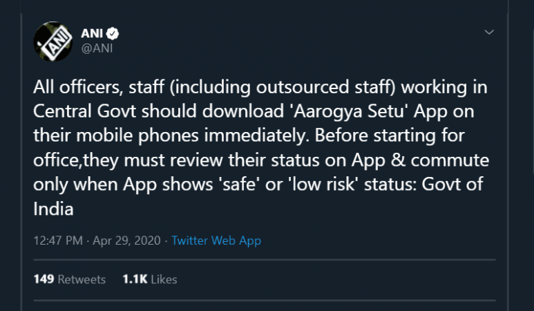 tweet on Aarogya setu app