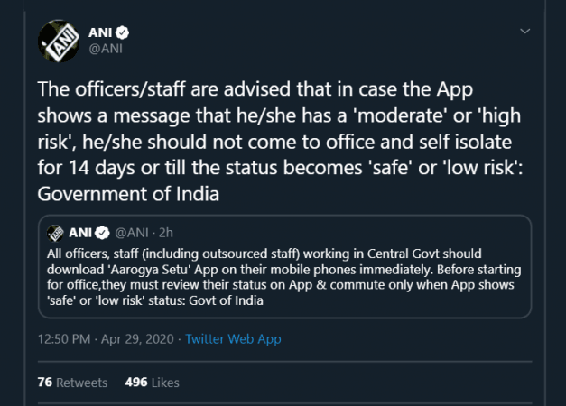 tweet on Aarogya setu app