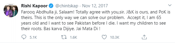 Rishi Kapoor tweet pakistan
