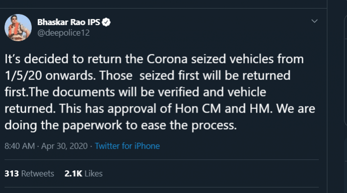 Bhaskar Rao IPS tweet on returning vehicles