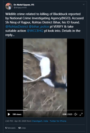 Abdul Qayum tweets on blackbuck's killing