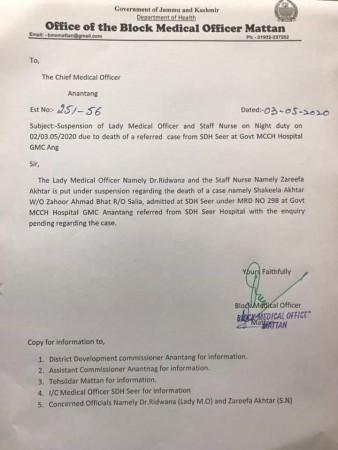 The letter showing suspension of a doctor and a nurse Letter