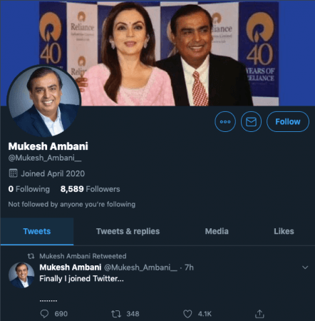 Mukesh Ambani fake Twitter handle Mukesh Ambani fake Twitter handle