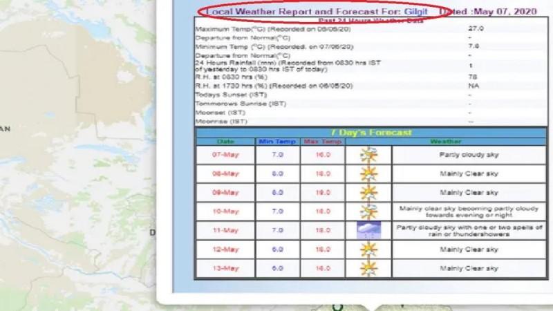 Screengrab of the IMD weather forecast for Gilgit-Baltistan. IMD inlcudes PoK, Gilgit Baltistan in its weather forecast