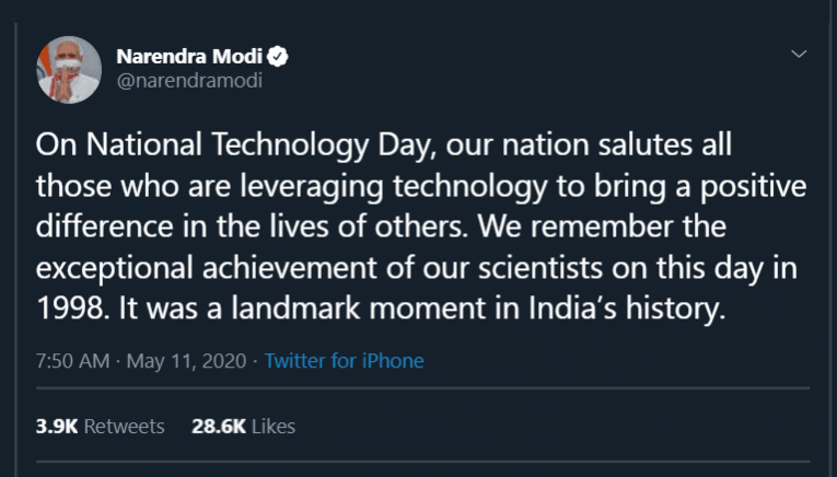 PM Modi tweets on National Technology Day PM Modi tweets on National Technology Day