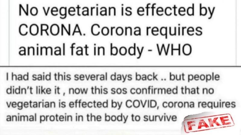 A viral post claimed the WHO has said that coronavirus doesn't affect vegetarians. But it was a fake claim. Fake News Fact Check WHO Vegetarian Coronavirus claim