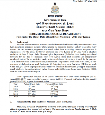 IMD bulletin on southwest monsoon IMD bulletin on southwest monsoon in Kerala