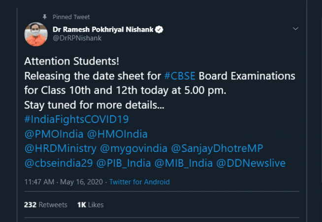 MHRD minister tweets on CBSE examination MHRD minister tweets on CBSE examination