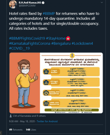 BBMP tweets on fixed hotel rates BBMP tweets on fixed hotel rates