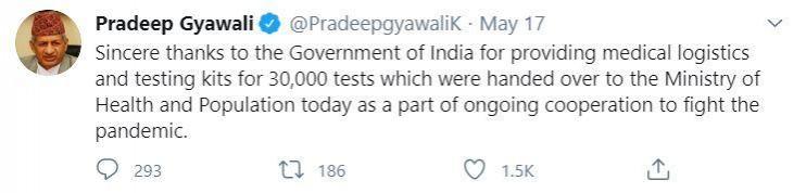 Nepal Foreign Minister thanking India on Twitter Nepal