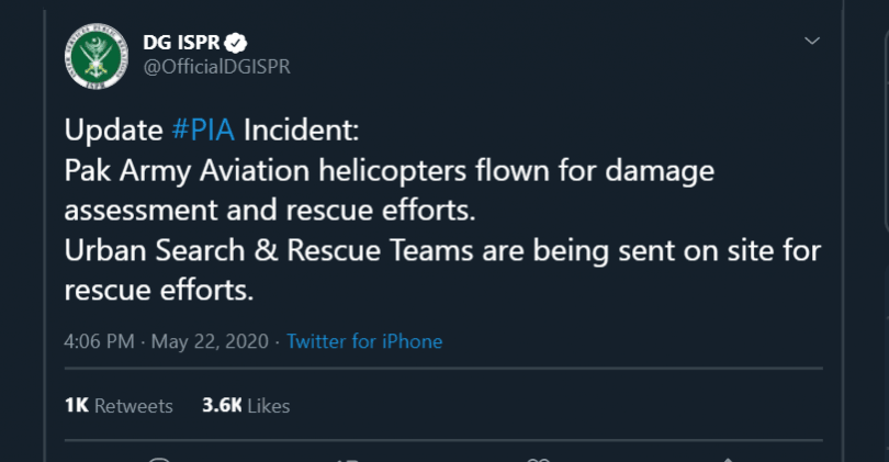 Pak Armed Forces spokesperson tweets on plane crash Pak Armed Forces spokesperson tweets on plane crash