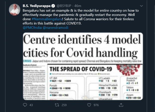 BS Yediyurappa tweets on Bengaluru's Covid management BS Yediyurappa tweets on Bengaluru's Covid management