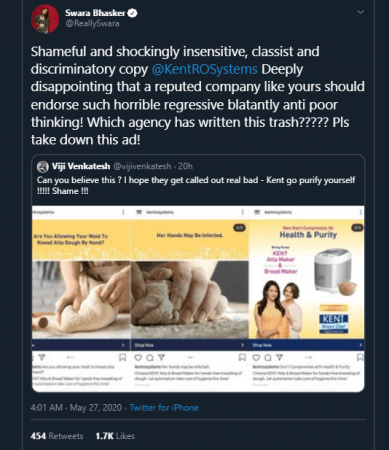 Swara Bhasker on Kent's ad