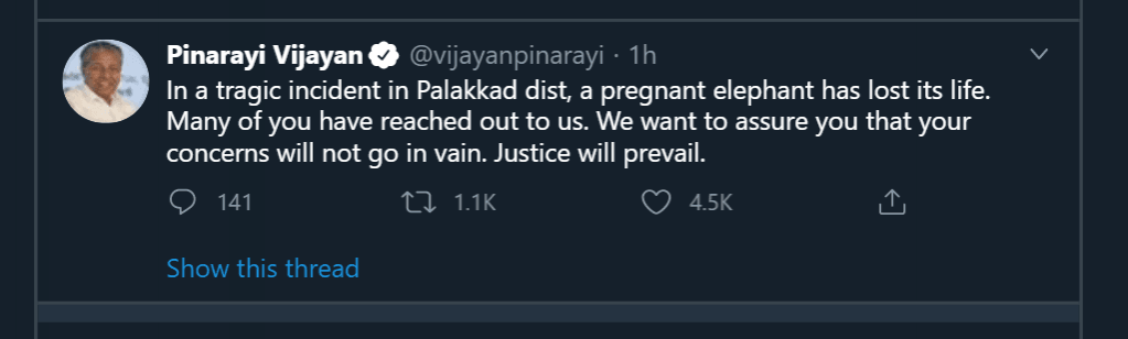 Kerala CM tweets on elephant death Kerala CM tweets on elephant death