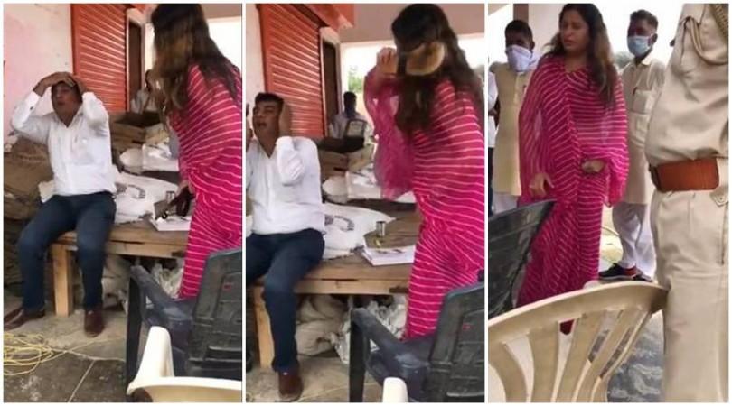 BJP leader Sonali Phogat beating up Hisar Market Committee secretary Sultan Singh with her slipper BJP leader Sonali Phogat beating up Hisar Market Committee secretary Sultan Singh with her slipper