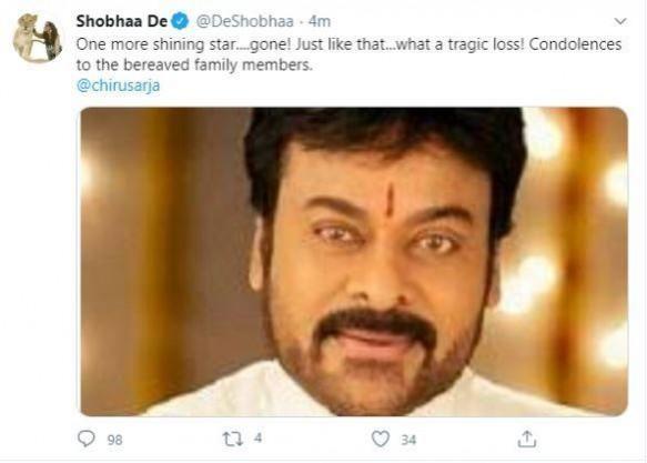 Shobhaa De uses a wrong picture to mourn Chiranjeevi Sarja's death. Shobhaa De's Blunder