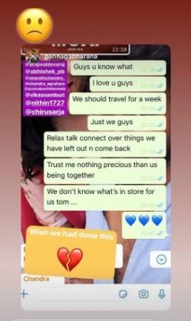 The WhatsApp conversation of Chiranjeevi Sarja shared by Prajwal Devaraj. Chiranjeevi Sarja's WhatsApp Final Conversation
