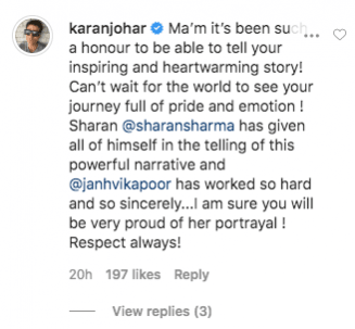 Karan Johar comment on Gunjan Saxena post