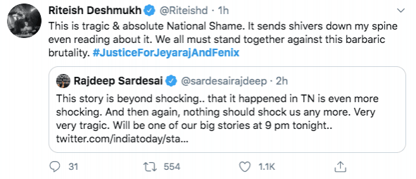 Riteish Deshmukh tweet seeking Justice for Jeyaraj and Fenix