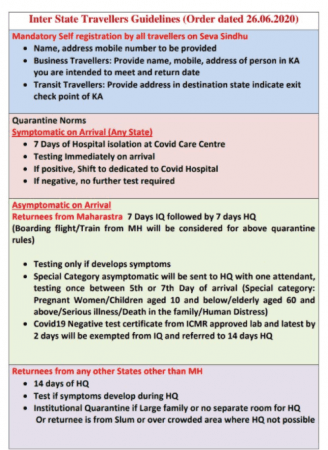 Karnataka Government list of rules for inter-state travellers