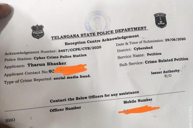 Police acknowledgement to Tharun Bhascker's complaint Police acknowledgement to Tharun Bhascker's complaint