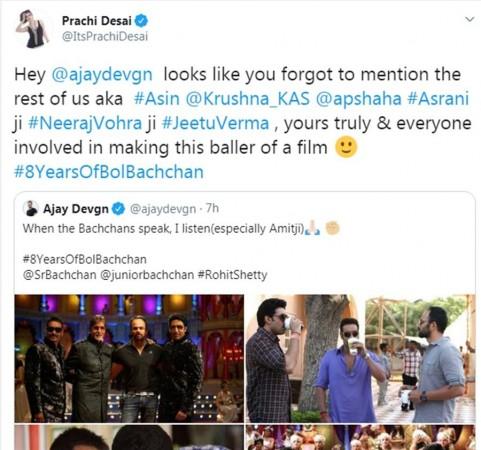 Prachi Desai calls Ajay Devgn out on Twitter for failing to acknowledge Bol Bachchan cast Prachi Desai, Ajay Devgn