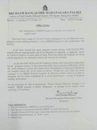 BBMP order for designated maternity hospital