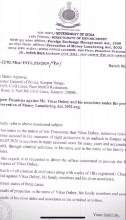 ED letter to Kanpur Police regarding Vikas Dubey