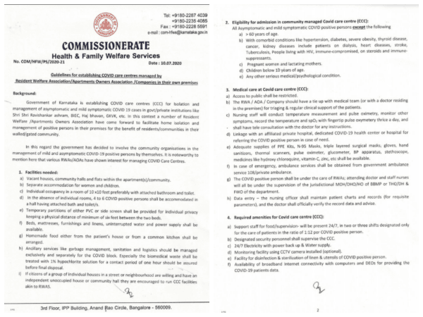 Government guidelines for RWAs setting up COVID care centres