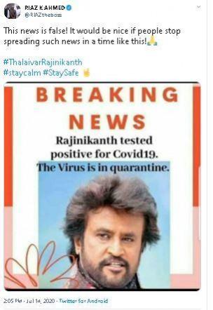 Riaz K Ahmed's tweet clarification over rumours of Rajinikanth testing Covid-19 positive. Riaz K Ahmed's Clarification