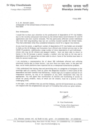 Dr Vijay Chauthaiwale's letter to US Ambassador