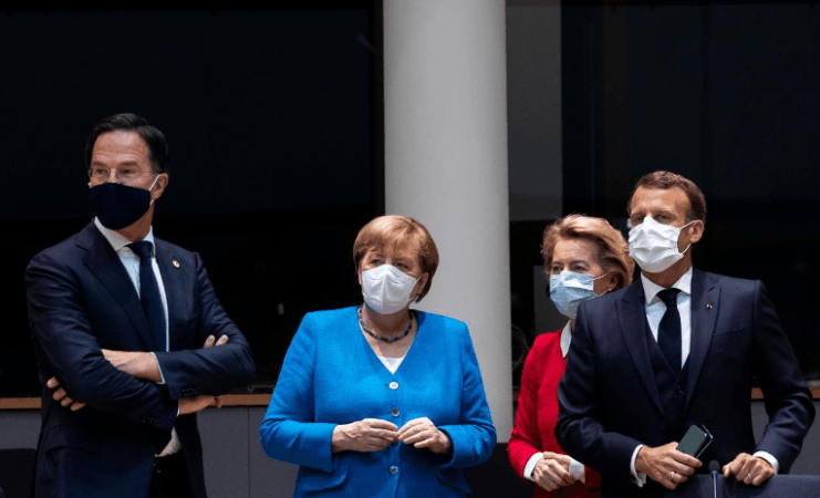 Dutch Prime Minister Mark Rutte, German Chancellor Angela Merkel, European Commission President Ursula von der Leyen and French President Emmanuel Macron during a meeting on the sidelines of the first face-to-face EU summit since the coronavirus disease (COVID-19) outbreak, in Brussels, Belgium July 18, 2020. eu summit