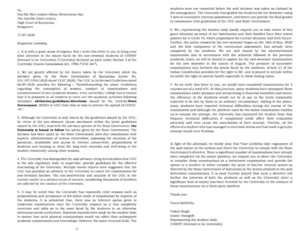 Christ University student body letter to CJ