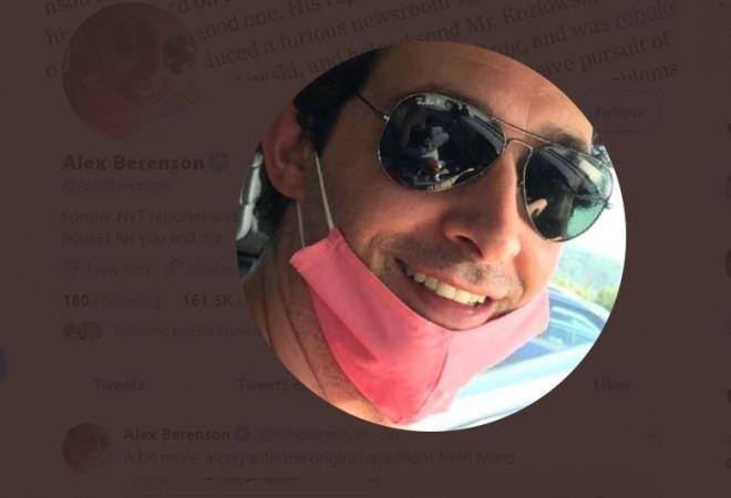 According to the NYT article, in this Twitter picture, Alex Berenson can be seen mockingly dangling his mask. Alex Berenson