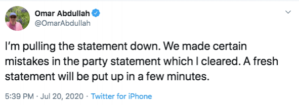 Omar Abdullah tweet