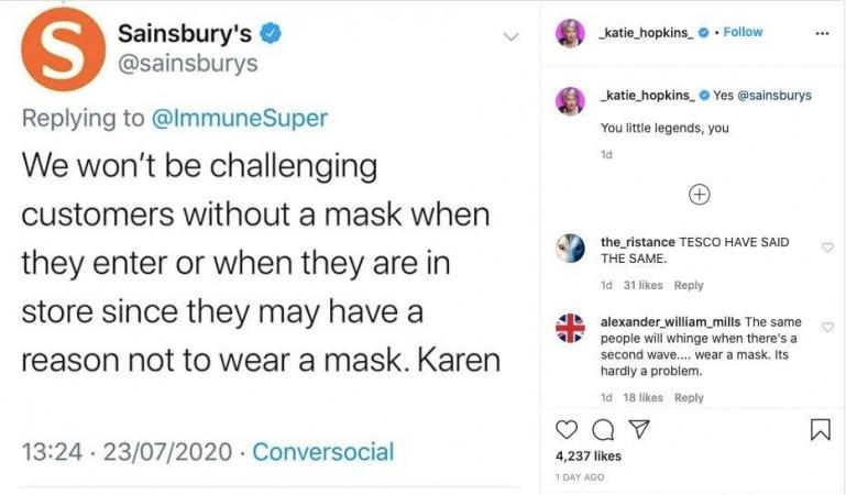 Re-posting a tweet from UK supermarket Sainsburys, the former Celebrity Big Brother star labelled the food chain 'little legends