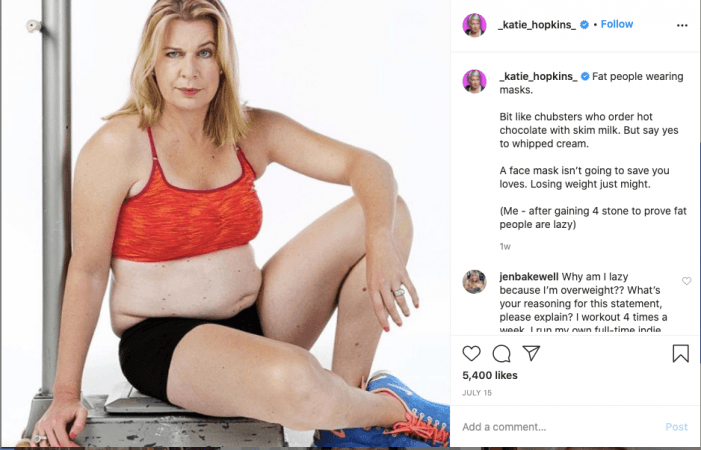 Katie Hopkins continues to encourage fans to ditch face masks