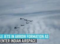 Rafale jets in arrow formation as they enter Indian airspace