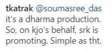 Fans miffed with SRK for promoting Karan Johar's Gunjan Saxena