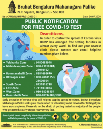 BBMP COVID-19 free testing ward-wise contacts