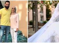 Bride Israa Seblani poses for a picture with her husband Ahmad Subeih in the same place where they were taking their wedding photos yesterday at the moment of the explosion that occurred at Beirut's port area, in Beirut, Lebanon August 5, 2020. REUTERS/Ya