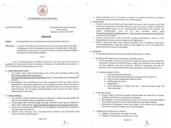 International travel guidelines for returnees to Karnataka