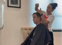 Preity Zinta cutting husband Gene Goodenough's hair