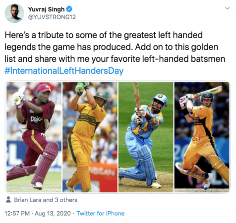 Yuvraj Singh's list of 'greatest' left-handed cricketers on Twitter. Yuvraj tweet