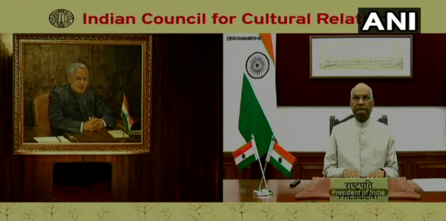 President Ram Nath Kovind unveils Atal Bihari Vajpayee's portrait at ICCR. President Kovind unveiling portrait of Atal Bihari Vajpayee