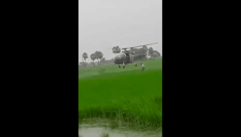 Screenshot of video showing choppers rescuing 12 farmers stranded during floods in Jayashankar-Bhupalpally district in Telangana, shared by State Home Minister G Kishan Reddy. Telangana choppers rescue stranded farmers