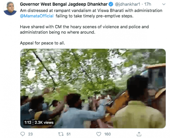 Governor of West Bengal's tweet on violence at Visva-Bharati University. Jagdeep Dhankhar tweet