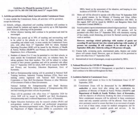 Karnataka guidelines for Unlock 4.0